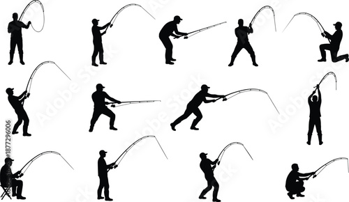 Fishing silhouettes set showing anglers casting rods in multiple poses isolated on white background vector illustration collection for stock design