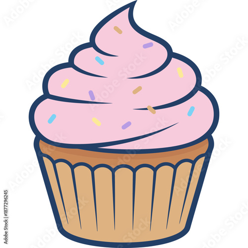 Delicious pink frosted cupcake with colorful sprinkles on top