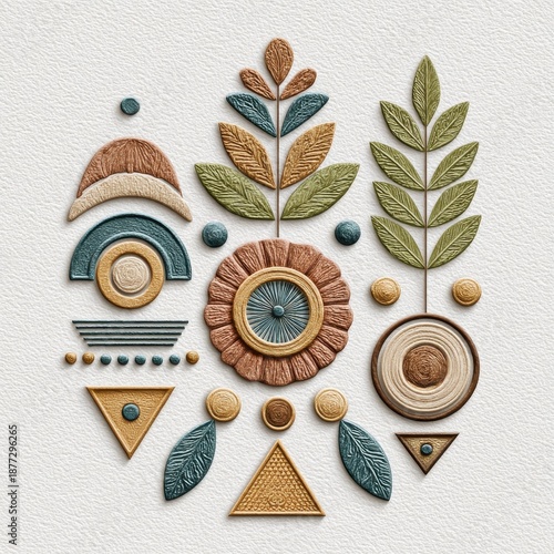 Embroidered Geometric Floral Design with Neutral Tones