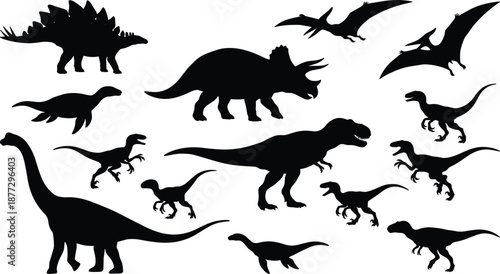 Prehistoric dinosaur silhouettes collection featuring flying and land species, black isolated illustrations for education, science, museums, kids learning, posters, logos, and creative design projects