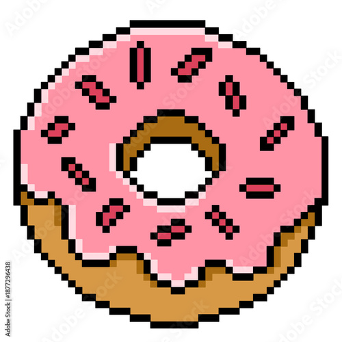 Flat Design Pixel Art Strawberry Donut Illustration