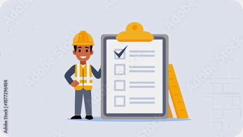 Construction worker standing next to clipboard checklist