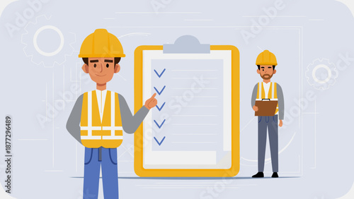 Two construction workers with clipboard and checklist on site