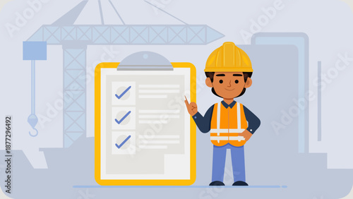 Construction worker presenting checklist in industrial setting with crane