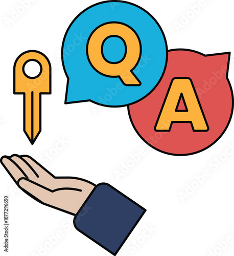 A hand holding a key and a Q and A sign