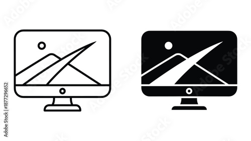 Computer monitor displaying mountain landscape icon
