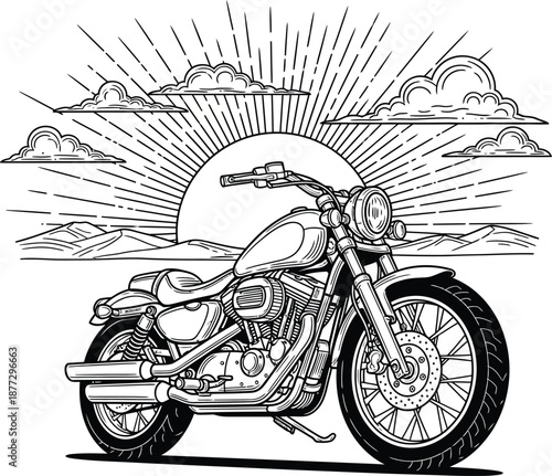 Detailed black and white line art illustration of a classic Vtwin cruiser motorcycle 1.