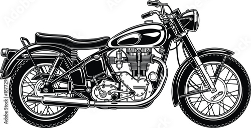 Detailed black and white line art illustration of a classic vintage motorcycle side profile view.