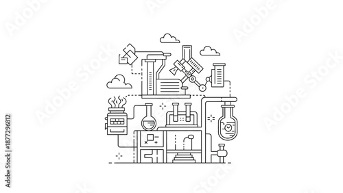 Scientific Laboratory Equipment Illustration: Microscope, Flasks, Test Tubes, and Gears