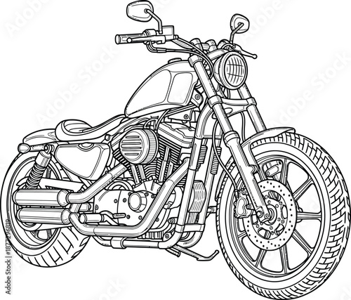 Detailed black and white line art illustration of a classic Vtwin cruiser motorcycle.