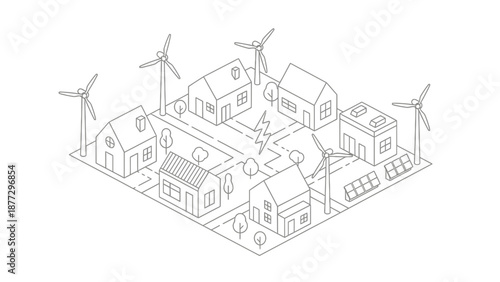 Sustainable energy village with wind turbines, solar panels, and houses