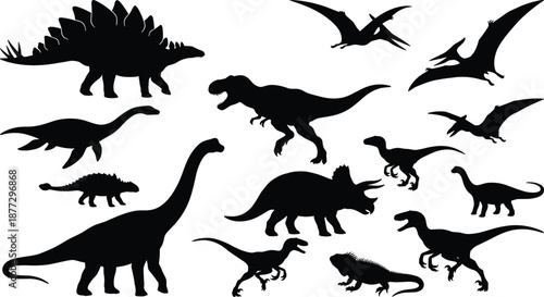 Prehistoric dinosaur silhouettes set featuring land and flying species, black isolated illustrations for education, science, museums, kids learning, posters, logos, and creative design projects