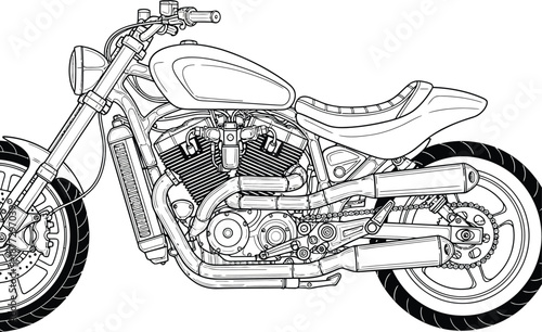 Detailed black and white line art illustration of a custom Vtwin cruiser motorcycle in profile view.