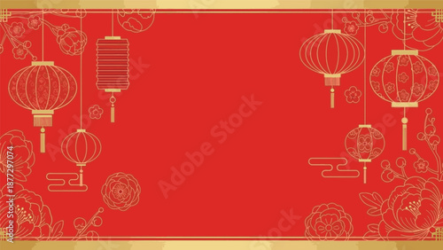 Vibrant Red and Gold Traditional Chinese New Year Background with Auspicious Lanterns and Elegant Floral Ornaments