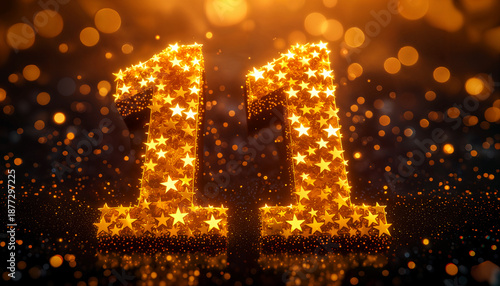 The number 11 formed by shimmering golden stars against a warm, blurry bokeh background. An elegant and festive image ideal for anniversaries, birthdays, or holiday milestones.