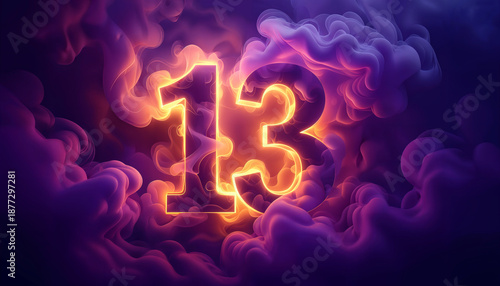 A vibrant, glowing number 13 outlined in orange light and enveloped in swirling purple and pink clouds. A dramatic, energetic numerical design for celebrations or mystical themes.