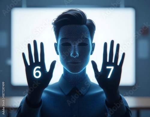 A blue digital wireframe humanoid raising its hands to display glowing numbers 6 and 7. Represents artificial intelligence, data analytics, futuristic technology, and machine learning.