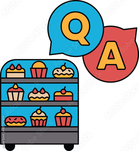 A bakery display case with a sign that says QA