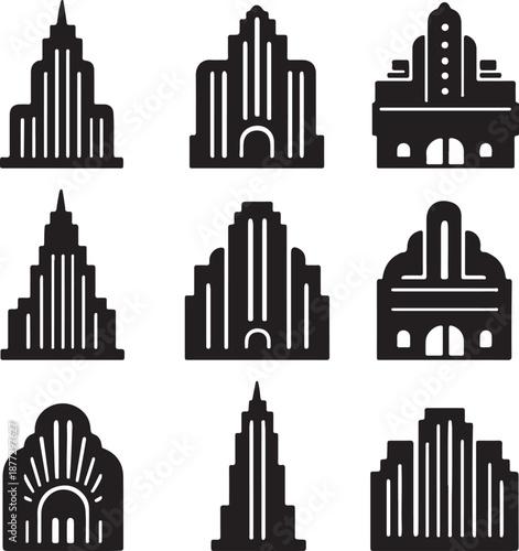 Art deco architecture and vintage theater building icons silhouette vector illustration