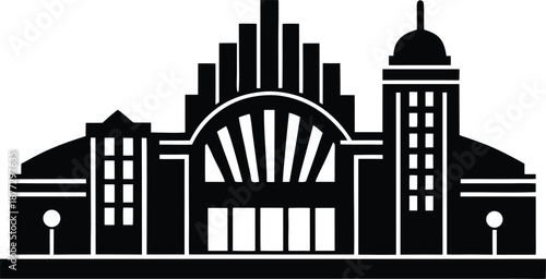 Art deco architecture and vintage theater building icon silhouette vector illustration