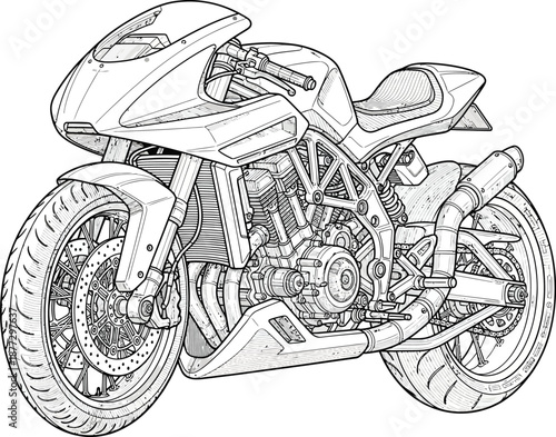 Detailed black and white line art illustration of a modern sport motorcycle with an exposed engine and custom exhaust.