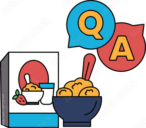 A box of cereal with a spoon and a bowl of ice cream