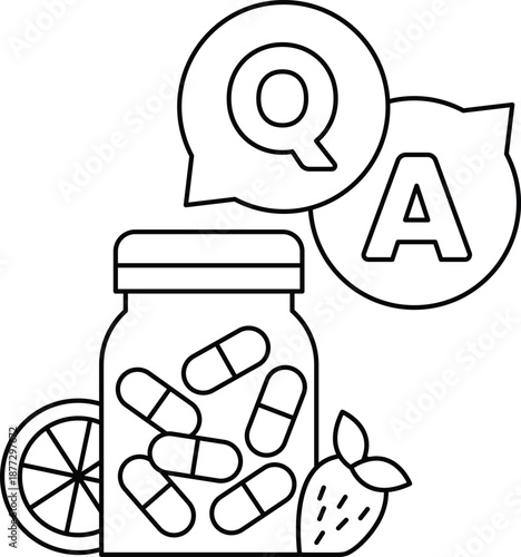 A jar of pills is surrounded by a bunch of pills and a strawberry