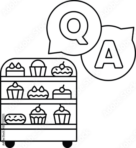 A bakery display case with a sign that says QA