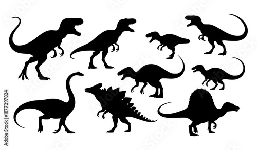 Prehistoric dinosaur silhouette icons vector collection with roaring and running poses isolated on white
