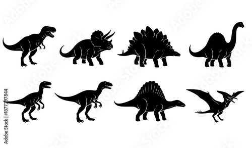 Dinosaur silhouettes vector set with prehistoric animals in walking and standing poses isolated on white background