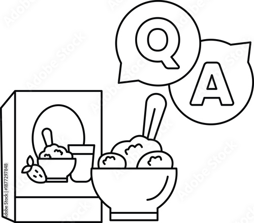 A box of cereal with a spoon and a bowl of ice cream