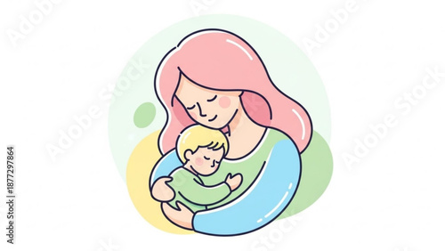 Mother holding baby loving family concept simple flat illustration for motherhood and childcare design