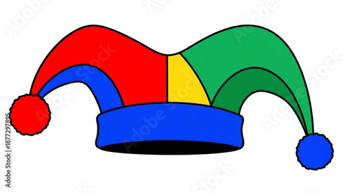 Colorful jester hat with red blue green and yellow panels isolated on white background fun costume accessory