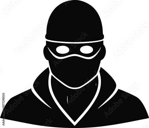 Thief or robber concept silhouette icon, symbol, avatar vector illustrations. Criminal man in mask and beanie hat close up