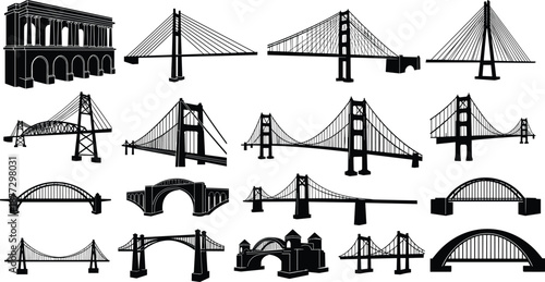 Bridge silhouettes set, various architectural bridge outlines including suspension, cable-stayed, and arch designs, vector infrastructure collection for engineering and urban landscape travel graphics