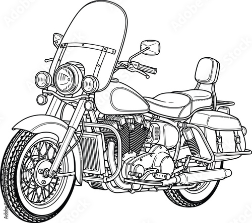 Detailed black and white line art of a classic cruiser motorcycle with a large windshield and saddlebags.