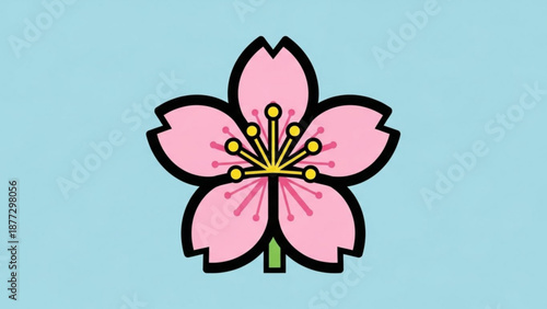 Pink cherry blossom flower icon simple flat vector illustration for spring and nature concepts isolated on light blue ba