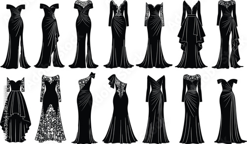 Elegant evening gown silhouettes set, various long dress outlines for wedding and prom, vector formal fashion collection for bridal and party designs