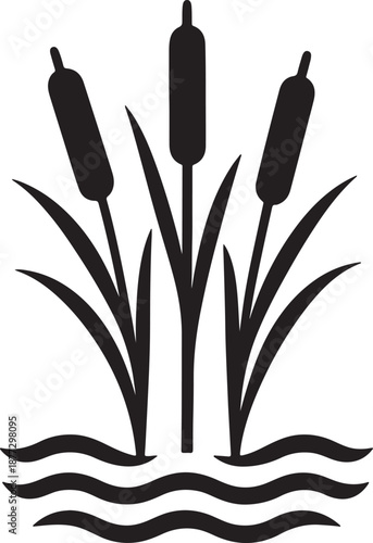 Three cattail plant reeds with leaves and water waves silhouette vector illustration. Natural flora icon or symbol for outdoor, park or wildlife concept