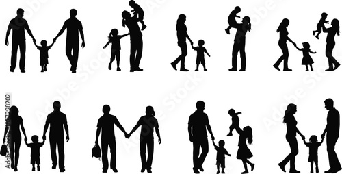 Happy family silhouettes set, parents walking with children and holding hands, diverse mother father and kids group vector outlines for parenting designs