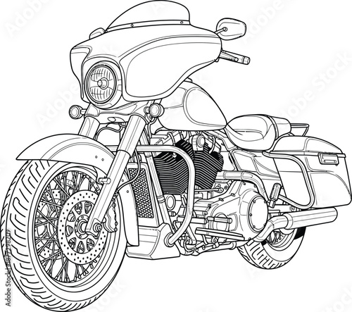 Detailed black and white line art of a classic touring cruiser motorcycle with a prominent Vtwin engine and large fairing.