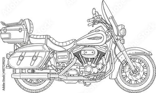Detailed black and white line art of a classic touring motorcycle with saddlebags rear trunk and Vtwin engine.