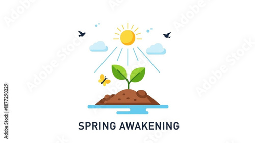 Spring awakening concept a young plant sprouts from soil under the sun with clouds and birds flat vector illustration