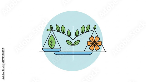 Balance scale with plant and flower symbolizing nature and growth flat vector illustration for environmental concepts