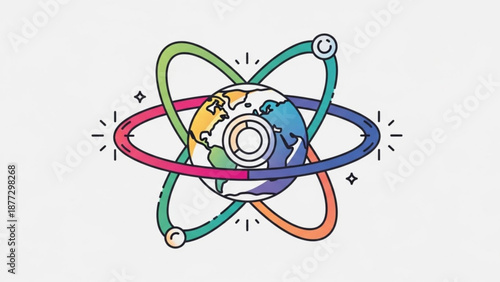 Abstract globe with orbiting rings and atoms representing science technology and global connection flat design vector il
