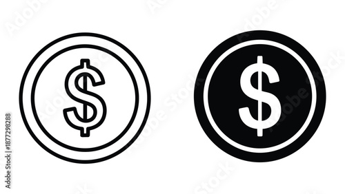 Dollar coin icon set in black and white style