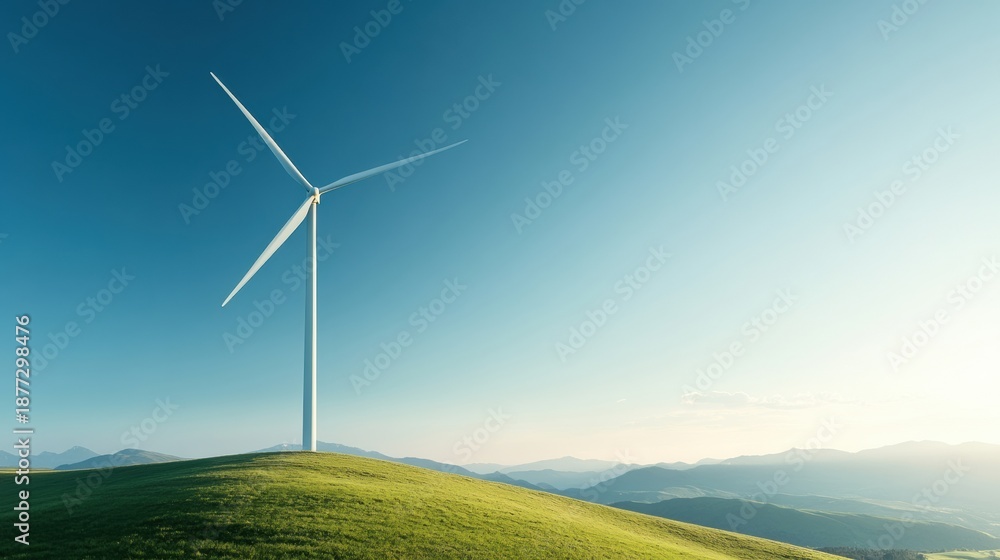 Fototapeta premium A serene landscape featuring a wind turbine on a grassy hill against a clear blue sky, promoting renewable energy and sustainability.