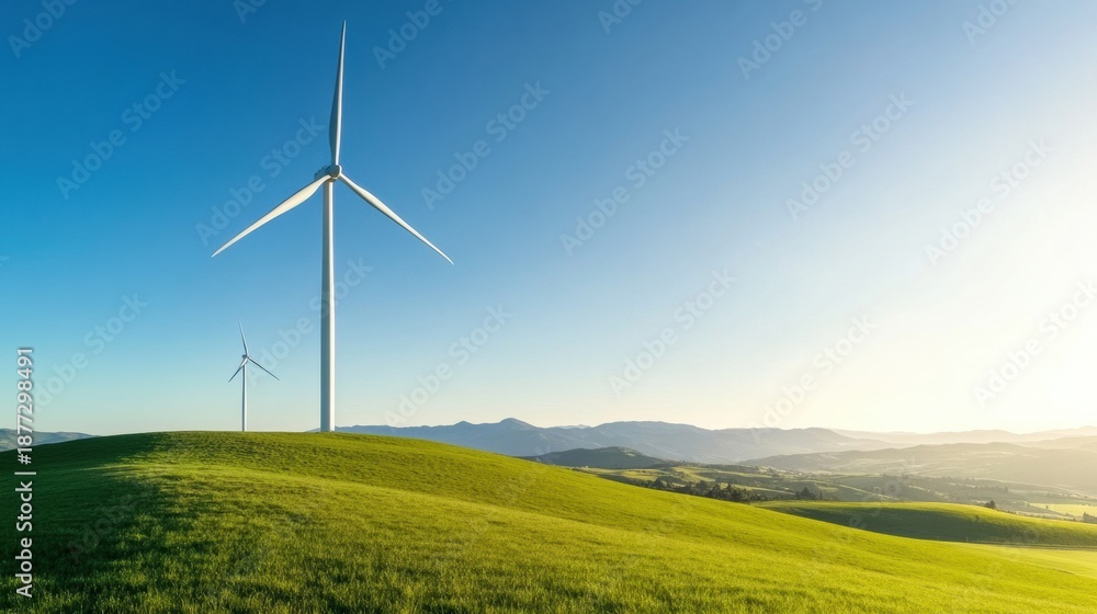 Fototapeta premium A serene landscape showcasing wind turbines on rolling green hills under a clear blue sky, symbolizing clean energy and sustainability.