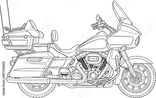 Detailed black and white line art of a large touring motorcycle side profile view with engine and fairing.