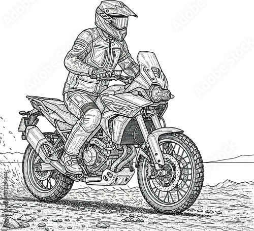 Detailed black and white line art of a rider in full gear on a rugged adventure touring motorcycle.